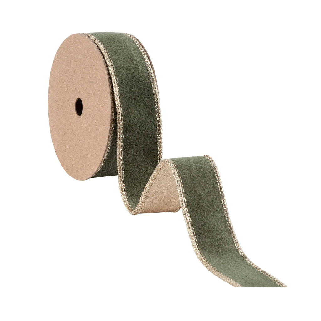1" REVERSIBLE CLASSIC VELVET WIRED RIBBON | MOSS/GOLD | 10 YARD ROLL - The Crowded Table Co. - 