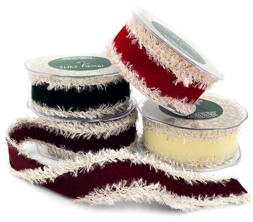 1.5" DARK GREEN VELVETEEN RIBBON WITH TINSEL FUR EDGE - The Crowded Table Co. - 