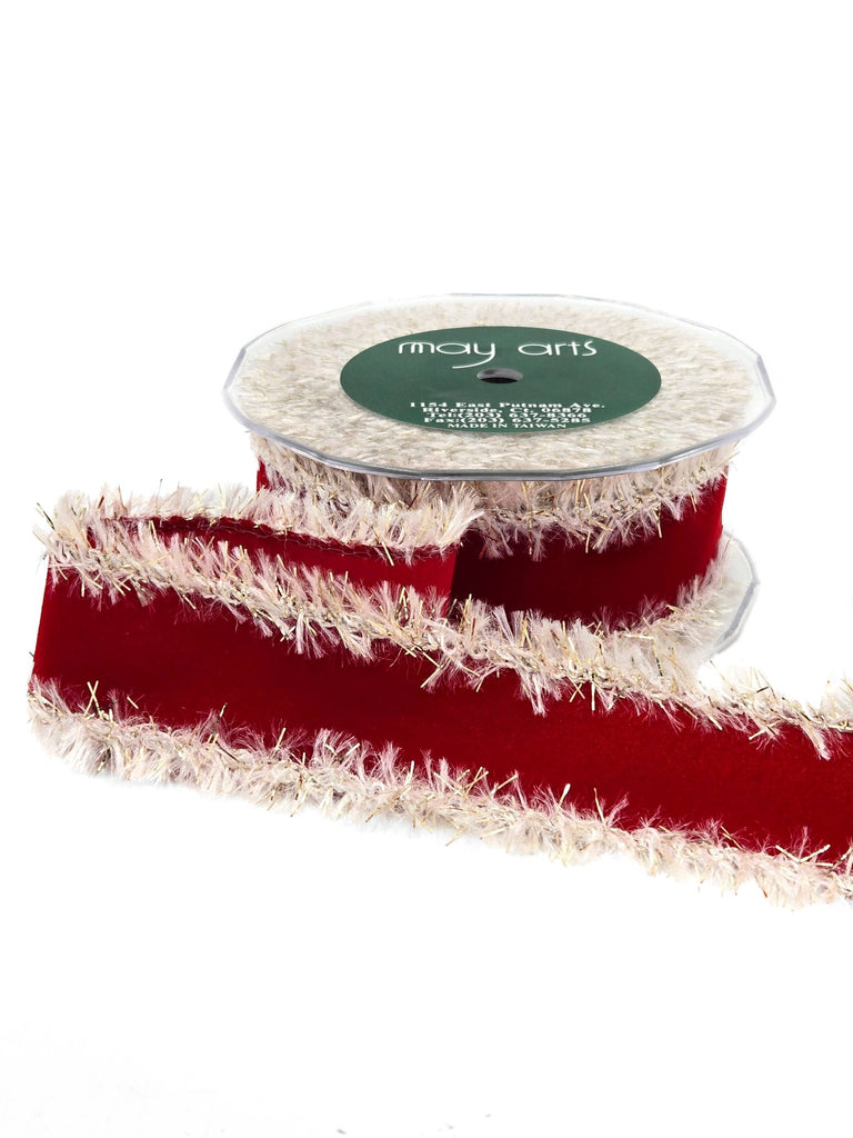 1.5" RED VELVETEEN RIBBON WITH TINSEL FUR EDGE - The Crowded Table Co. - 