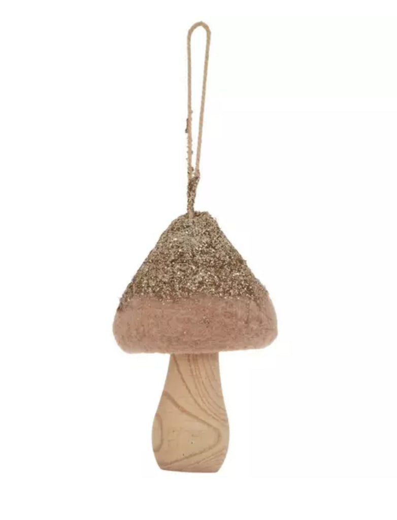 WOODEN AND FELT GLITTERED MUSHROOM ORNAMENT - The Crowded Table Co. - 