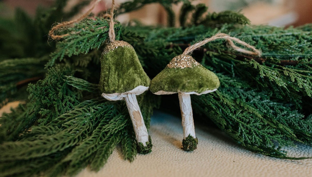 SET OF GREEN ANS GOLD VELVET MUSHROOM ORNAMENT - The Crowded Table Co. - 