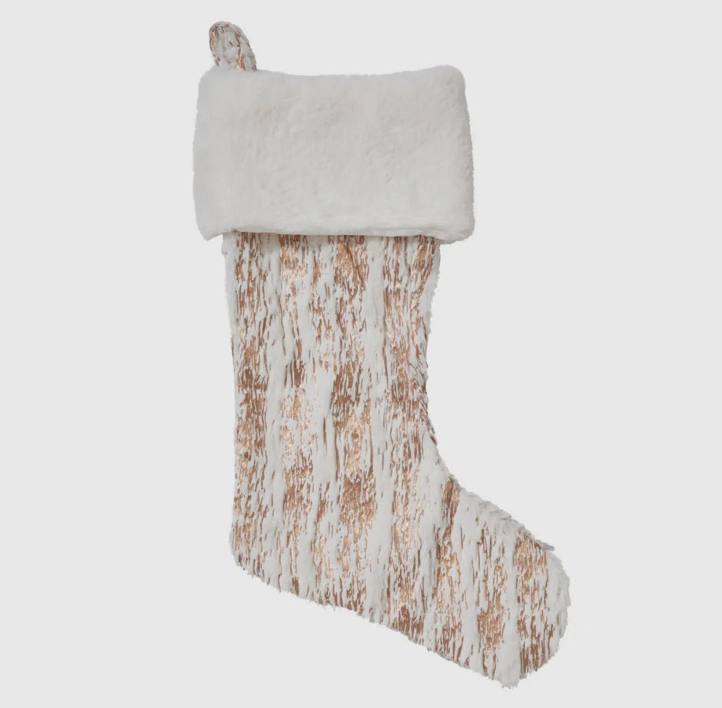 CHRISTMAS STOCKING FAUX FUR WITH GOLD METALLIC GOLD ACCENTS - The Crowded Table Co. - 