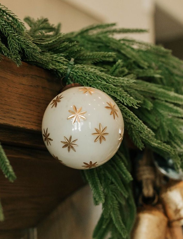 4" IVORY WITH GOLD STAR ETCHED GLASS BALL CHRISTMAS ORNAMENT - The Crowded Table Co. - 