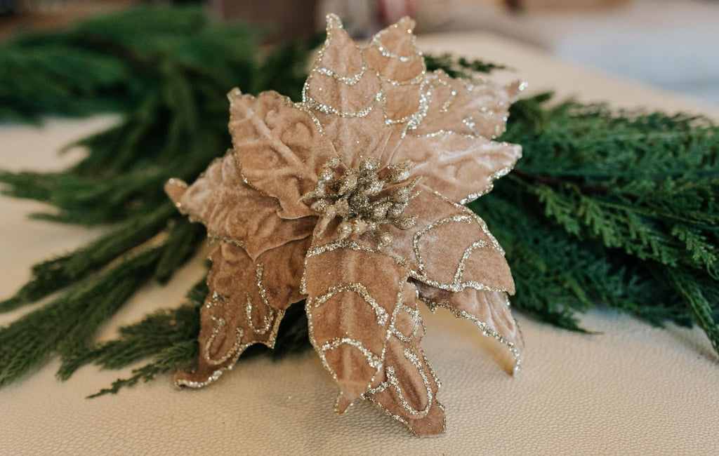AMBER TAUPE VELVET POINTSETTIA PICK - The Crowded Table Co. - 