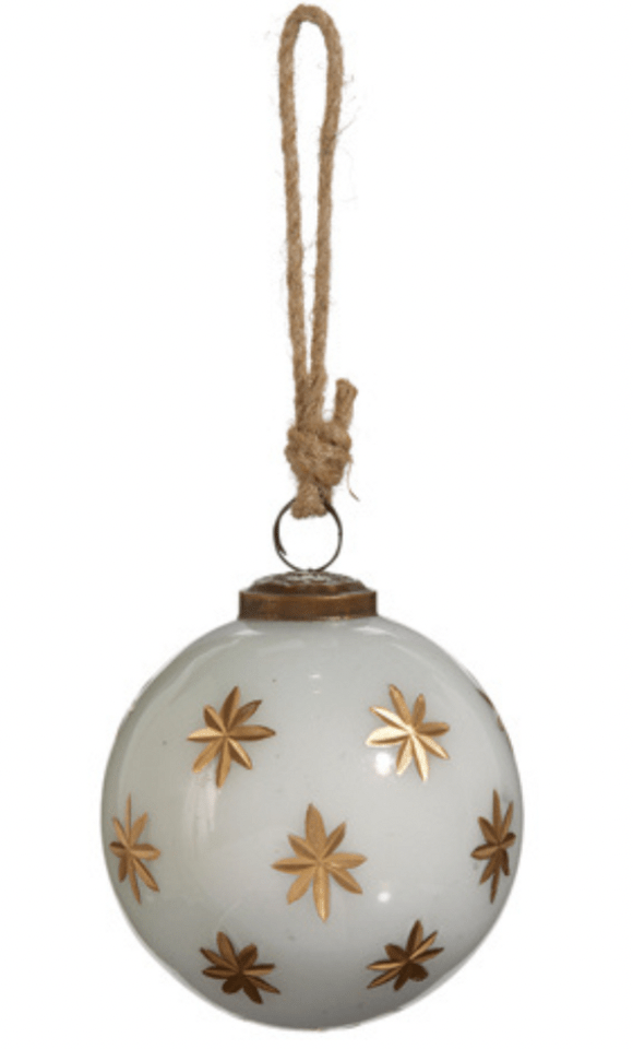 4" IVORY WITH GOLD STAR ETCHED GLASS BALL CHRISTMAS ORNAMENT - The Crowded Table Co. - 