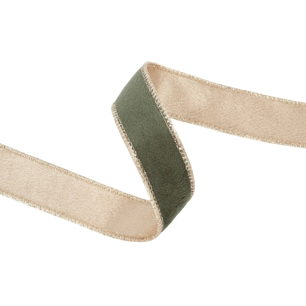 1" REVERSIBLE CLASSIC VELVET WIRED RIBBON | MOSS/GOLD | 10 YARD ROLL - The Crowded Table Co. - 
