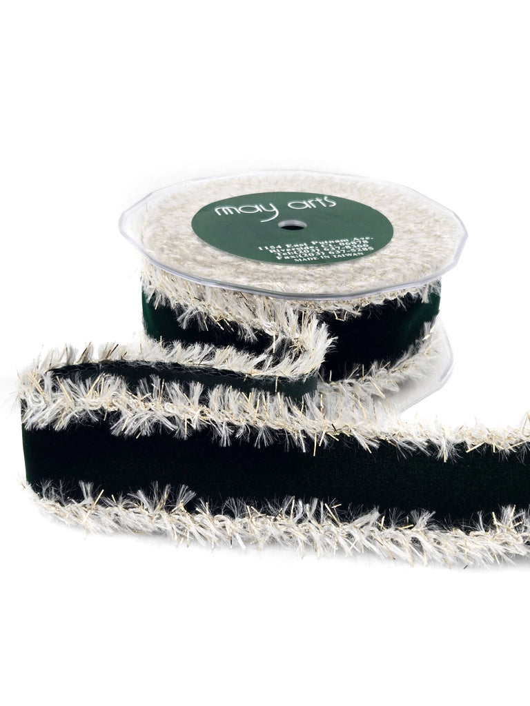 1.5" DARK GREEN VELVETEEN RIBBON WITH TINSEL FUR EDGE - The Crowded Table Co. - 